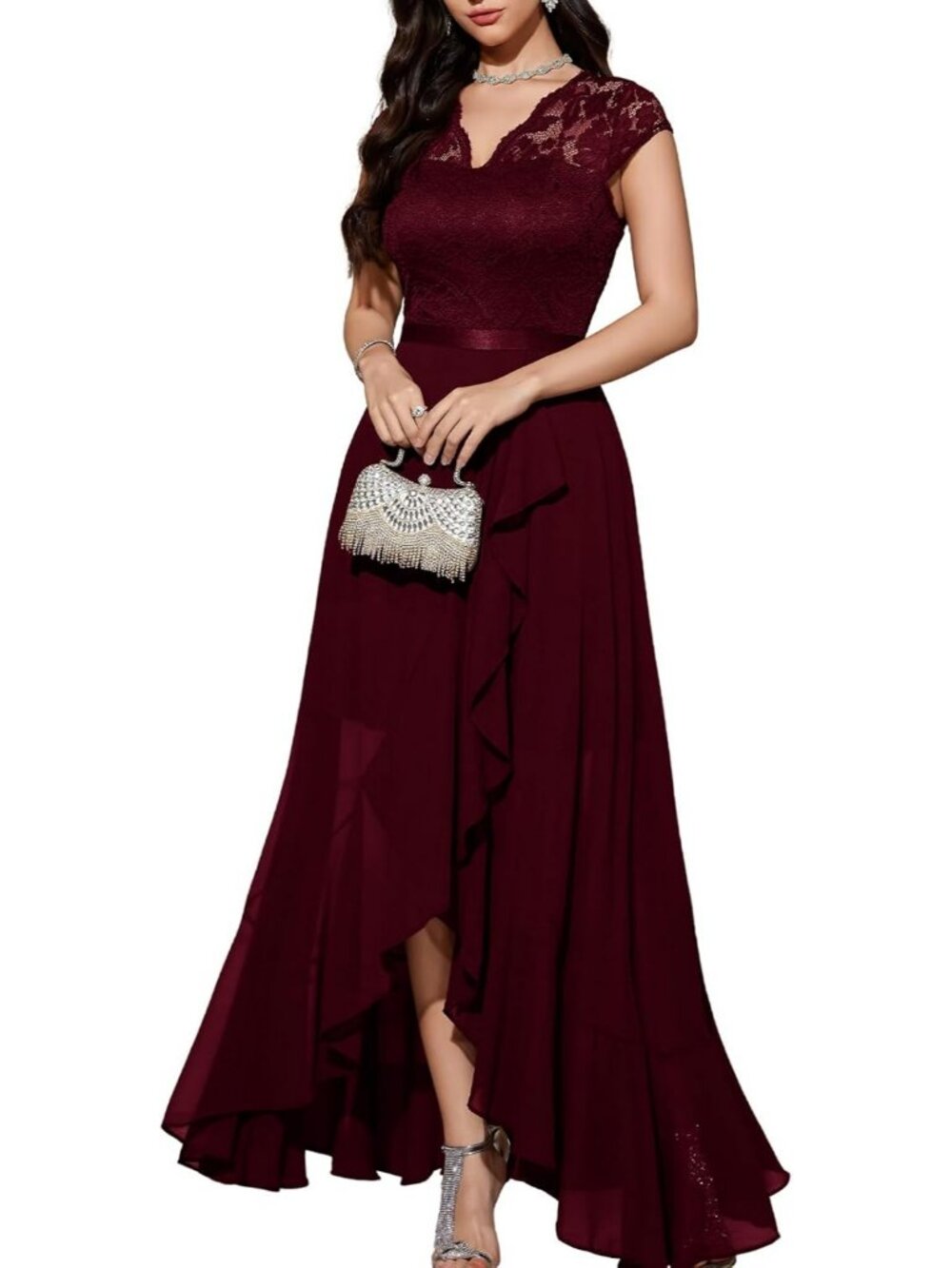 Women's Burgundy V-Neck Half Sleeve Floral Lace Cocktail Party Bridesmaid Dress